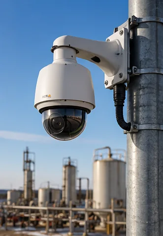 Pan-tilt-zoom security camera on a pole overlooking an industrial facility