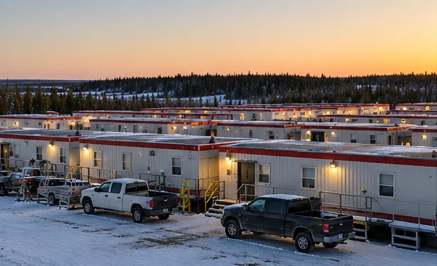 Work camp accommodation units and pickup trucks at dusk in winter
